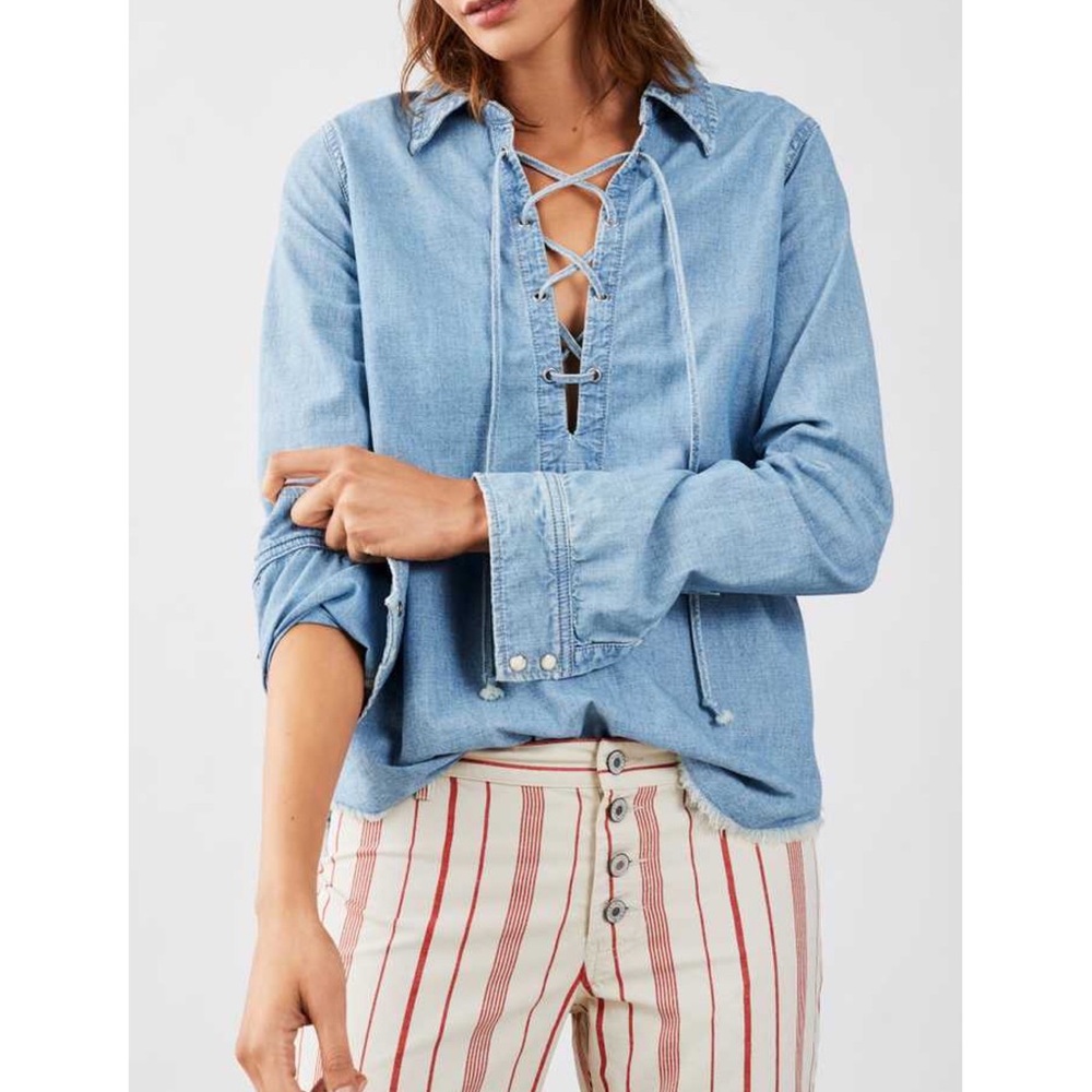 NILI LOTAN light blue denim Mallory lace up top XS